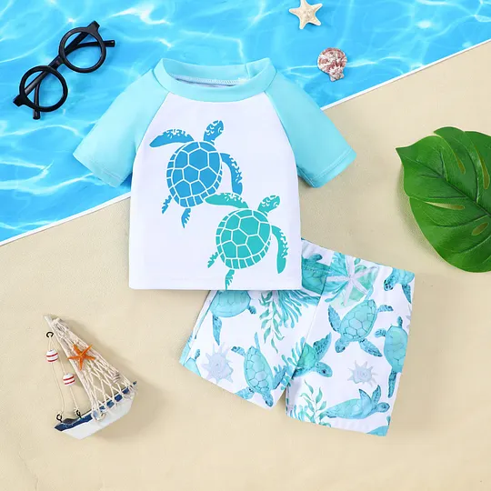 【18M-6Y】Boys' Cute Animal Print Set – Dinosaur, Shark & Turtle