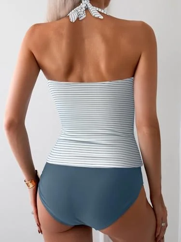 Womens Halter Ruched Tummy Control Two Piece Tankini 