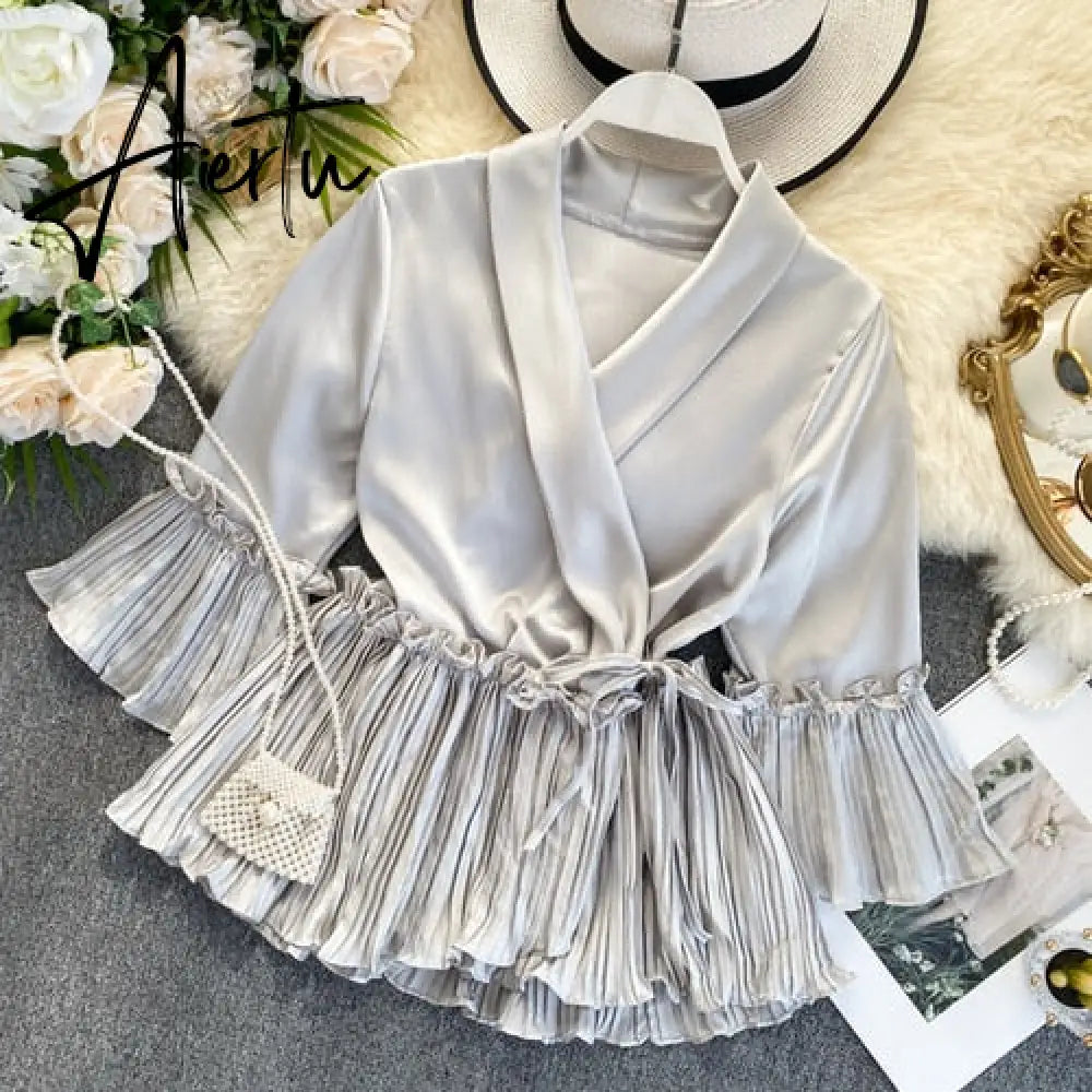 New Women Blouse V-neck Poplin Three Quarter Flare Sleeves Slim Blouse Ladies Casual Flounced Solid Draped Shirt Tops Aiertu
