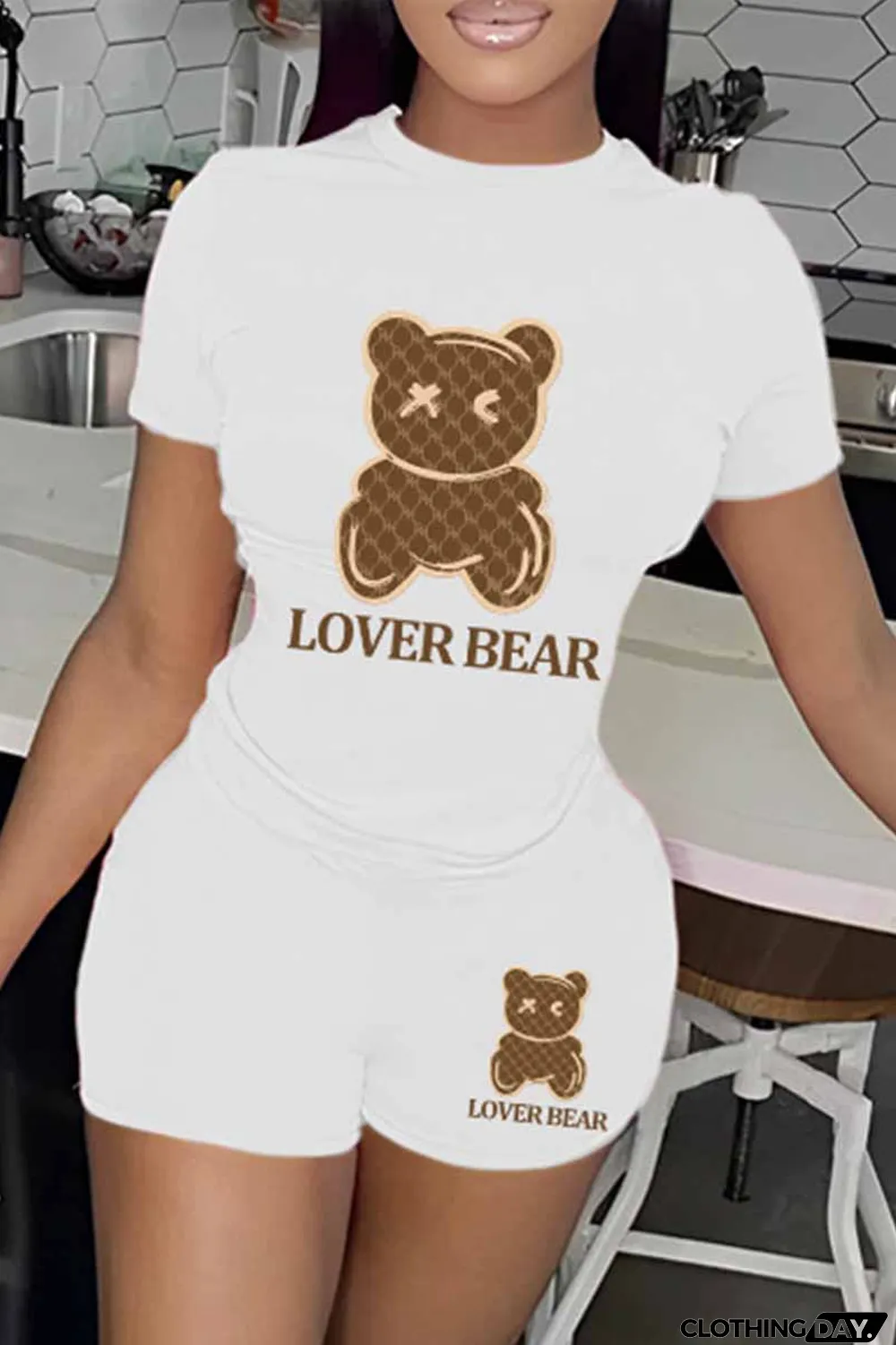 Purple Casual Print Letter O Neck Short Sleeve Two Pieces