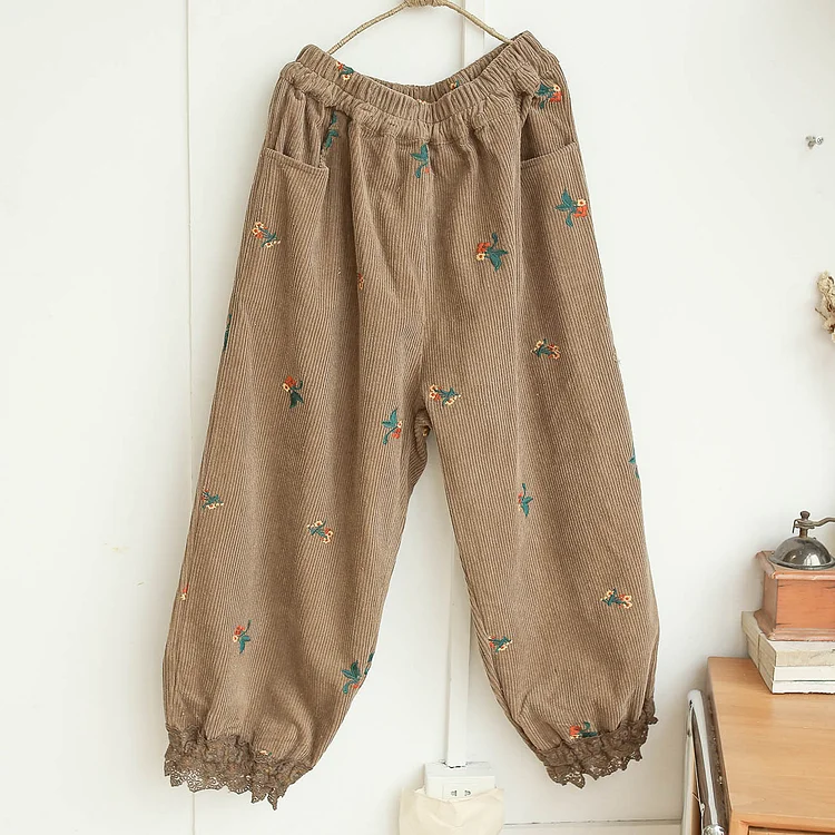 Queenfunky cottagecore style Corduroy Flowers Embroidery Bloomers QueenFunky