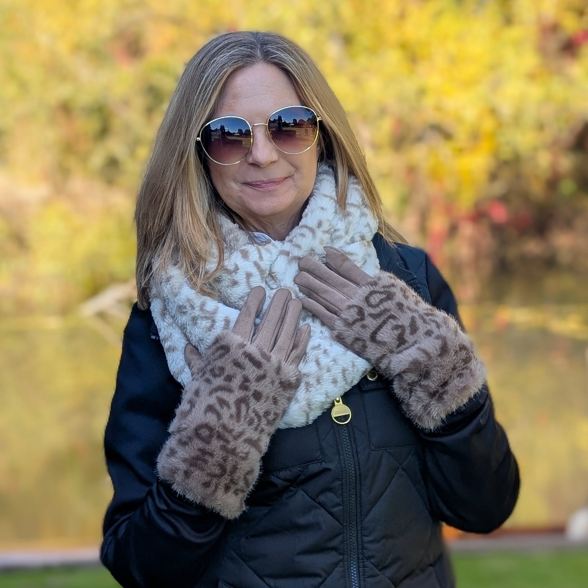 Super Fluffy Faux Fur Two in One Gloves - Brown Animal Print