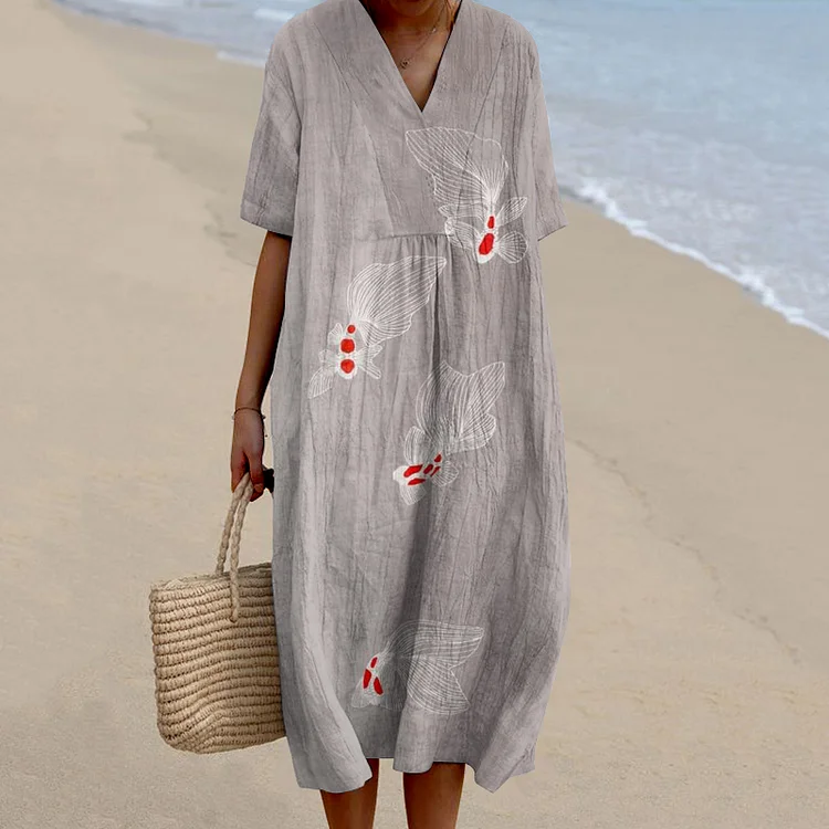 Vintage Gold Fish Art Casual V Neck Midi Dress