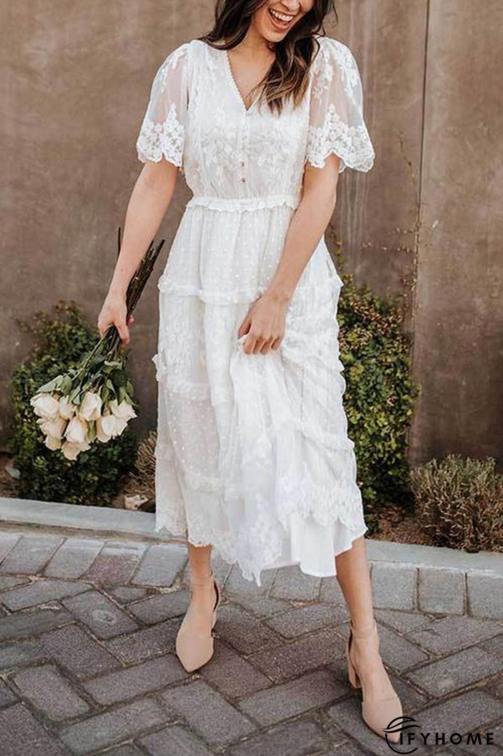 Button Lace V Neck Short Sleeve Maxi Dress | IFYHOME