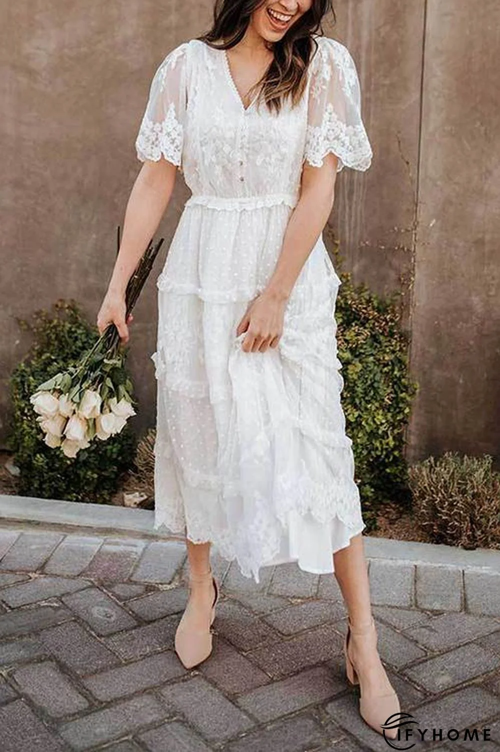 Button Lace V Neck Short Sleeve Maxi Dress | IFYHOME