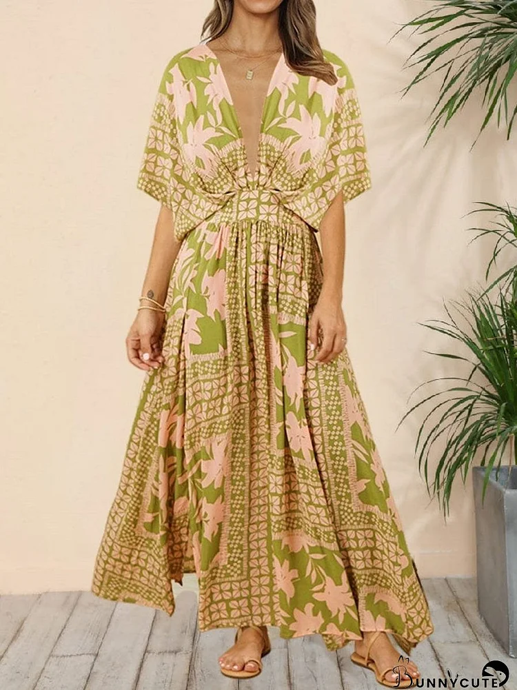 Floral Deep V Dolman Sleeve Split Maxi Dress