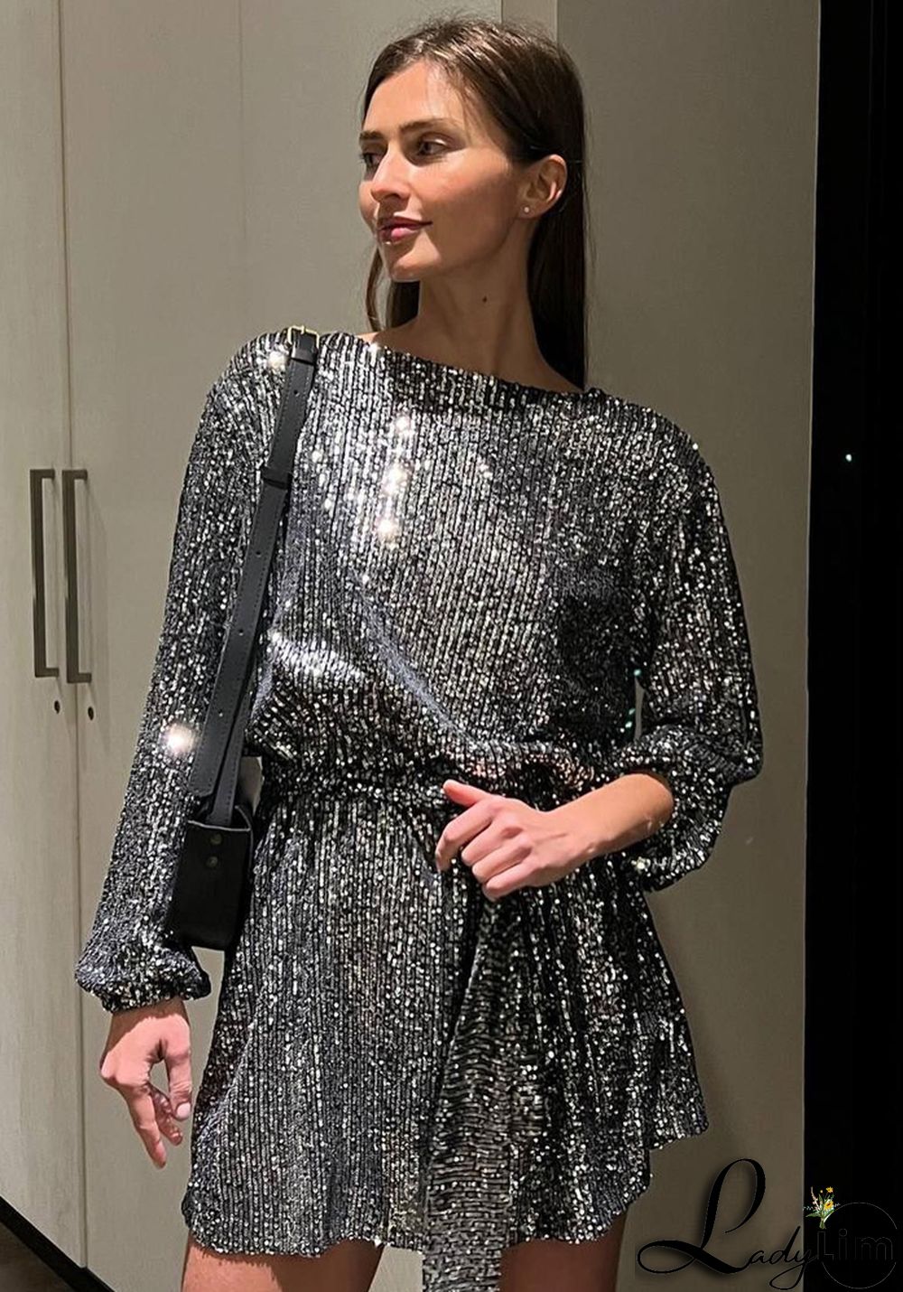 Women Casual Solid Lace-Up Sequin Embroidery Dress