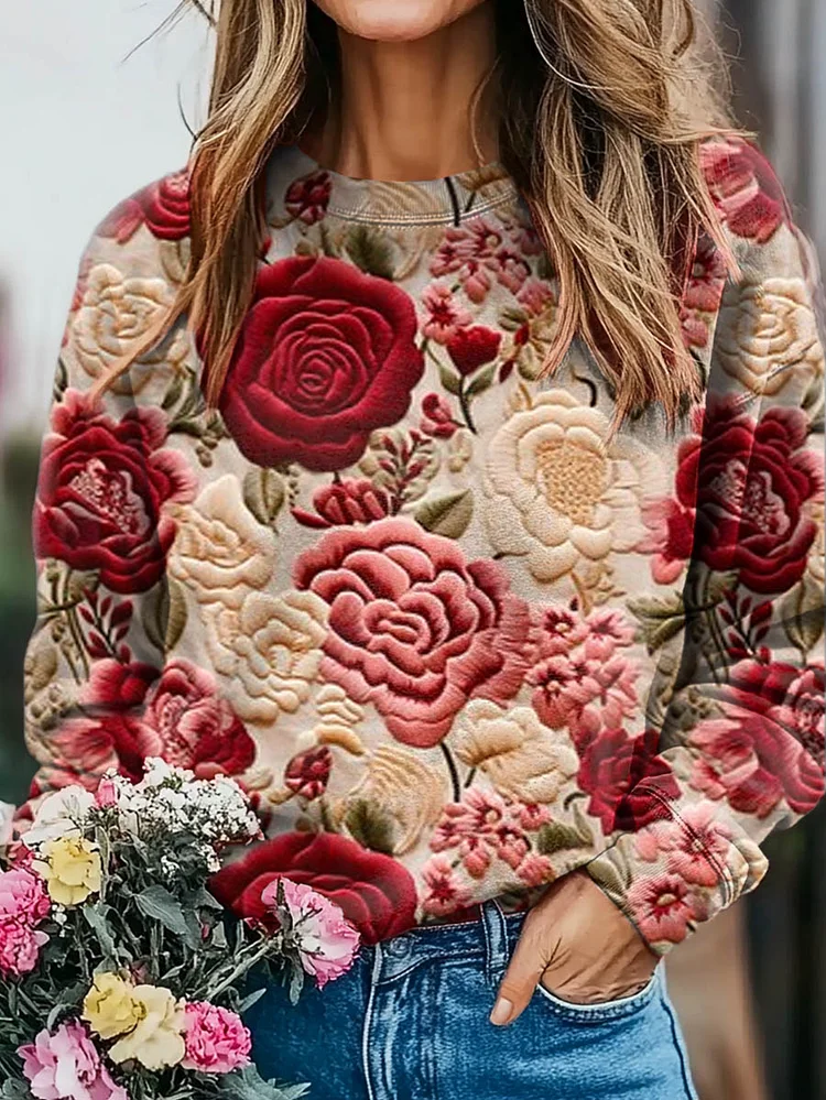Valentine's Day Vintage Floral Print Casual Crew Neck Sweatshirt