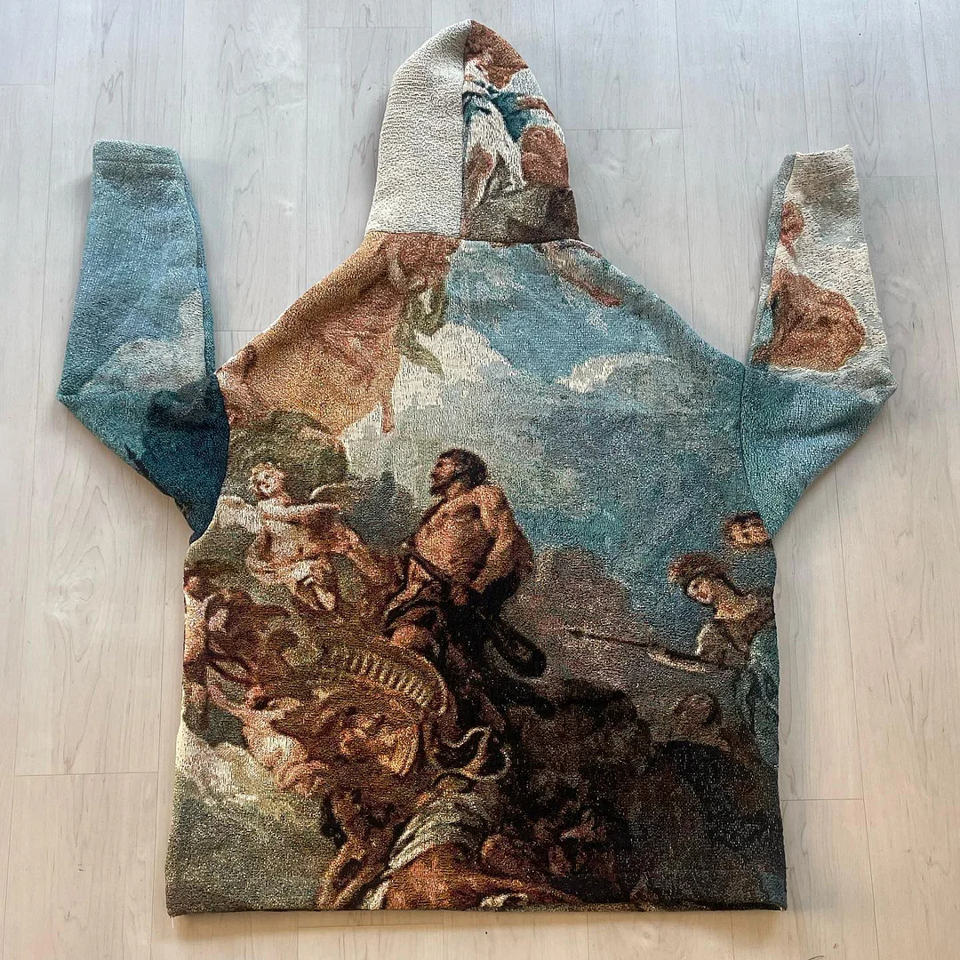 Retro Vintage Angel Print Casual Street Tapestry Knit Hooded Sweater