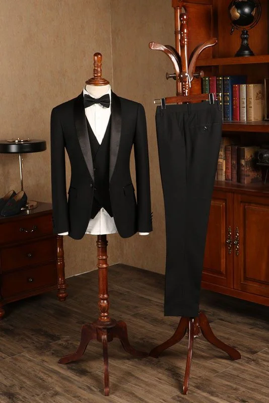 Baldwin All Black Three Piecess Custom Wedding Suit For Bridegrooms