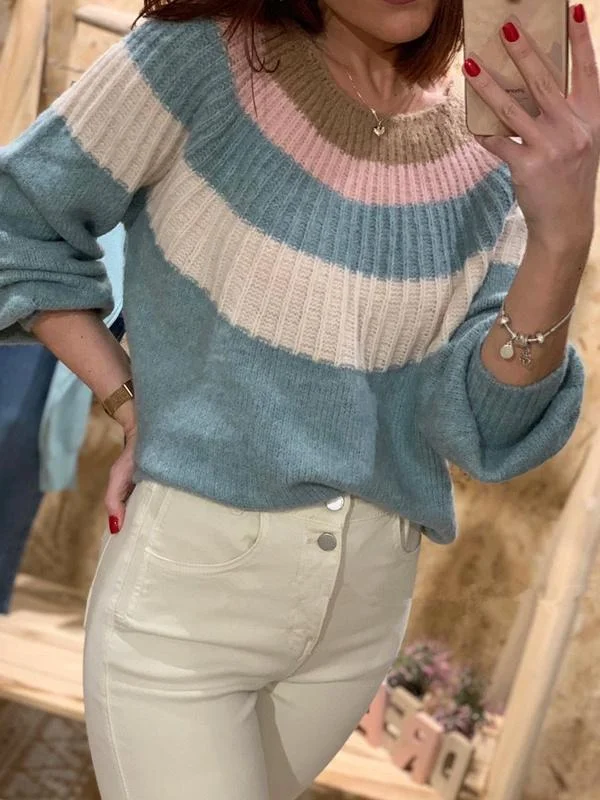 Women's Casual Patchwork  Knit Pullover Sweater Top