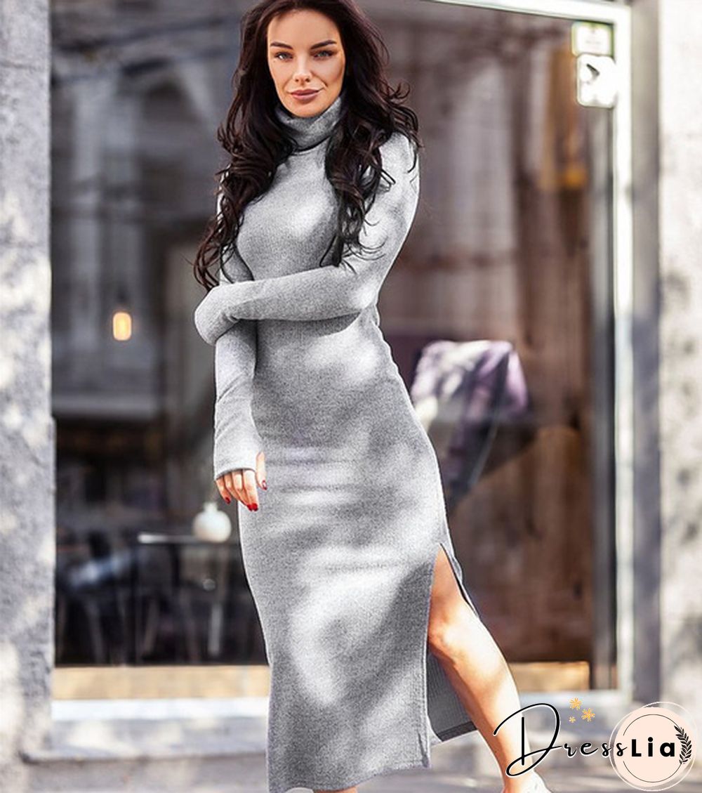 Sexy Ladies Fashion Knitting Long Dress High Collar Sheath Bodycon Fall Winter Slit Dresses
