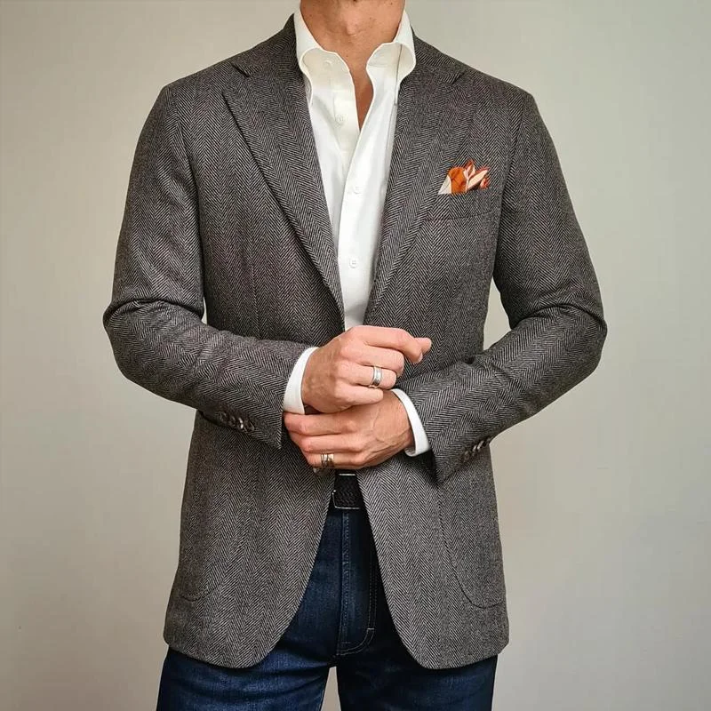 Men's Vintage Herringbone Notch Lapel Two Buttons Slim Blazer