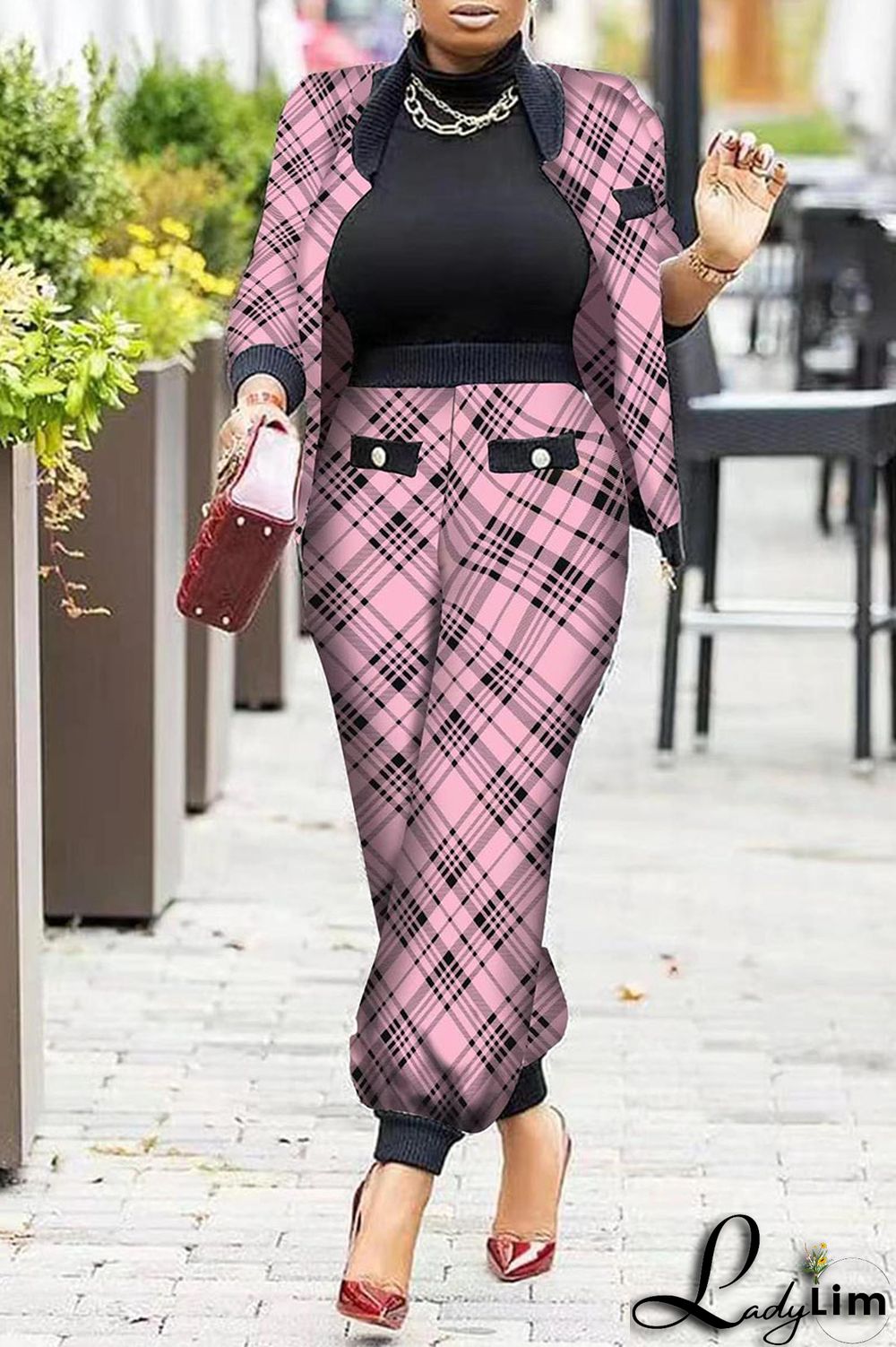 Pink Fashion Casual Print Patchwork Long Sleeve Two Pieces