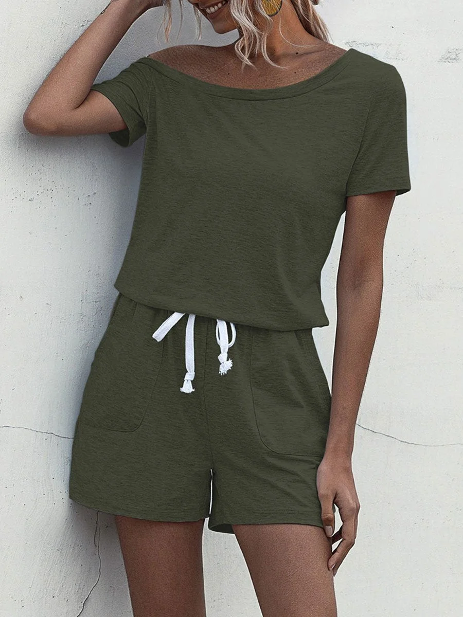 Off-shoulder Short Sleeve Pocket Lace-up Romper
