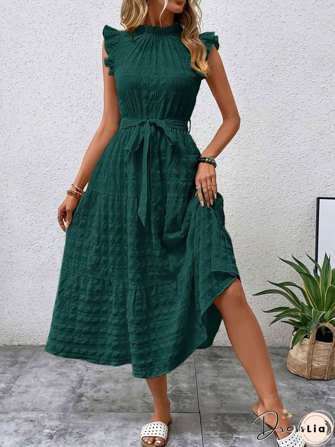 Tied Ruffled Cap Sleeve Midi Dress