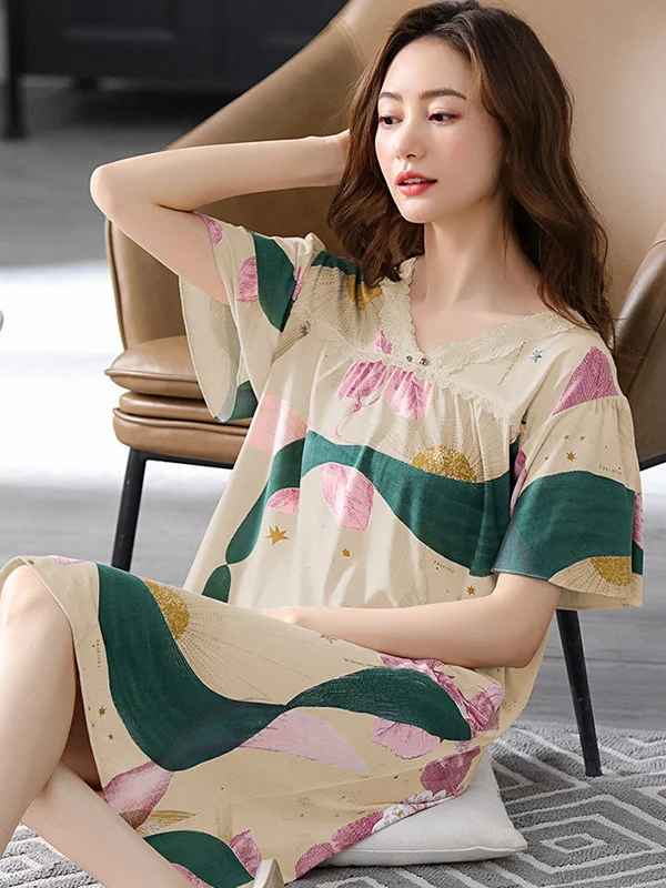 Comfortable Printing Lace Split-Joint  Round-Neck Pajama Dress