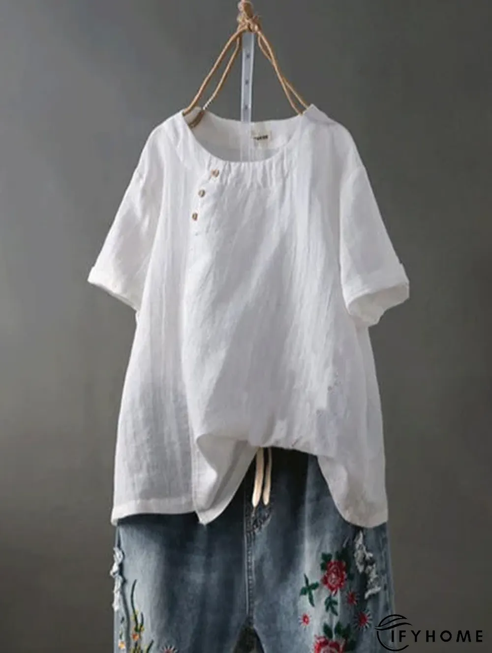 Solid Short Sleeve Buttoned Casual Crew Neck Tops | IFYHOME