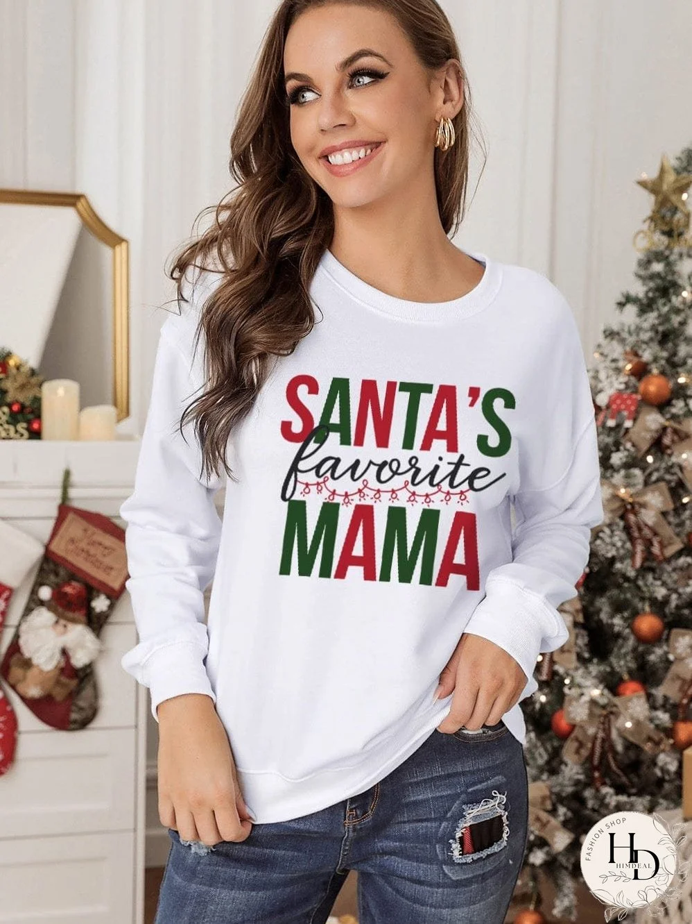 Cozy White Santa's Favorite Mama Printed Long Sleeve Sweatshirt