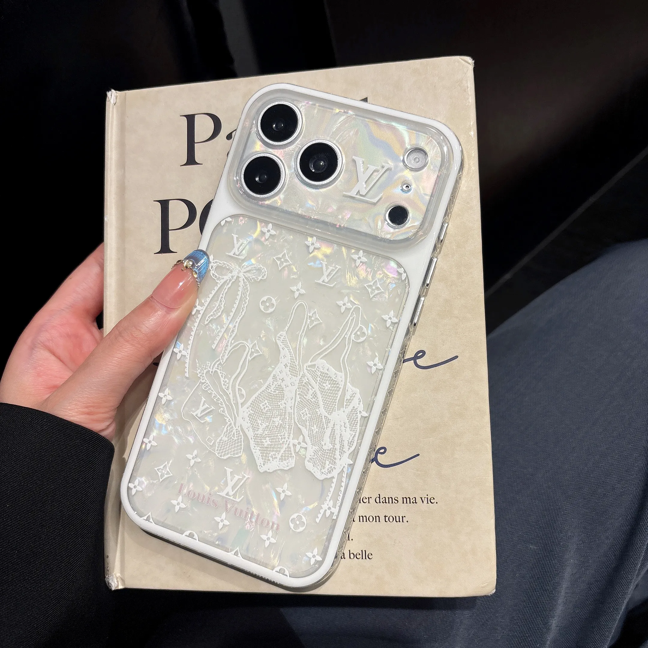 LV White Lace & Ribbon Iridescent Clear Case for iPhone 17/16/15 Series