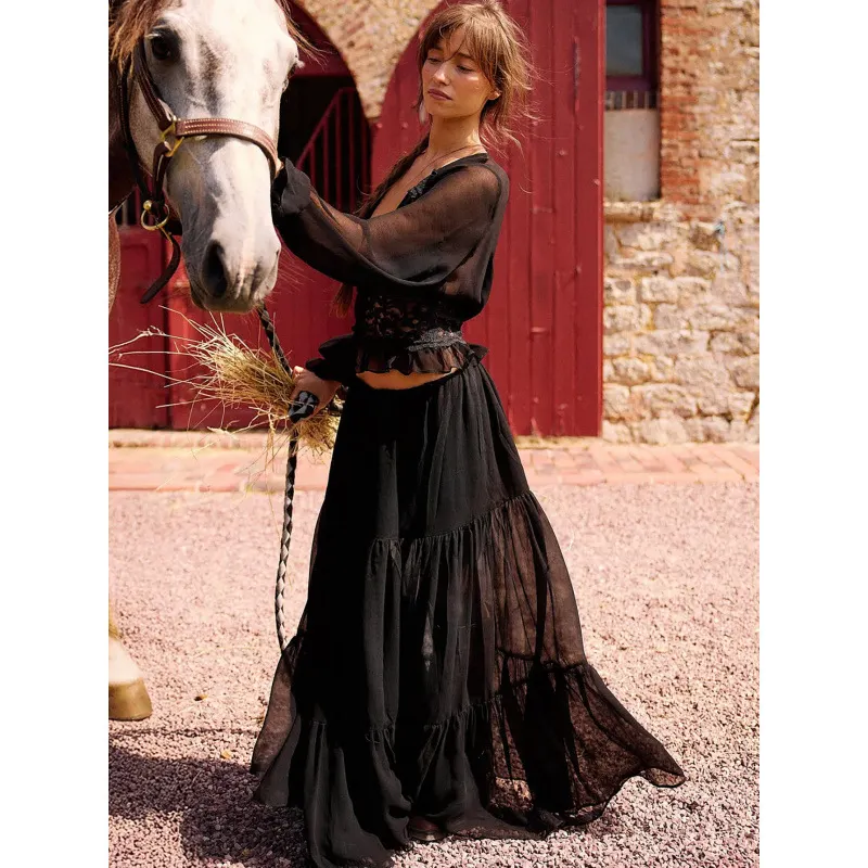 Women Matching Flowy Linen Look Lace Spliced V-Neck Long Sleeve Chiffon Tiered Skirt Two Piece Casual Daily Outfit Set
