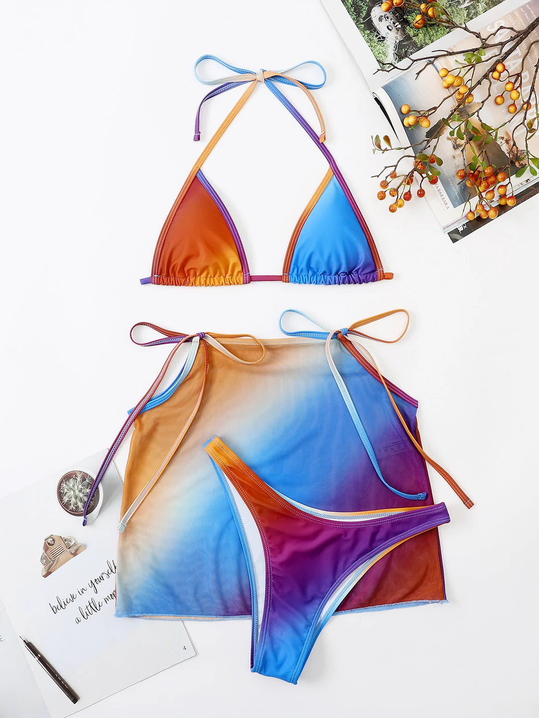 Billionm Ellolace Swimsuit Ladies 2022 Micro Bikini And Cover Up Tie Die Triangle Swimwear Padded Halter Bathing Suit Beach 3-Pieces