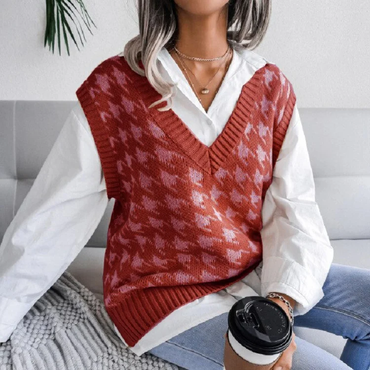 Uveng Uveng And Autumn New Sweater Women Casual Knitting Vest Thousand Bird Case Jacket Women's Clothing
