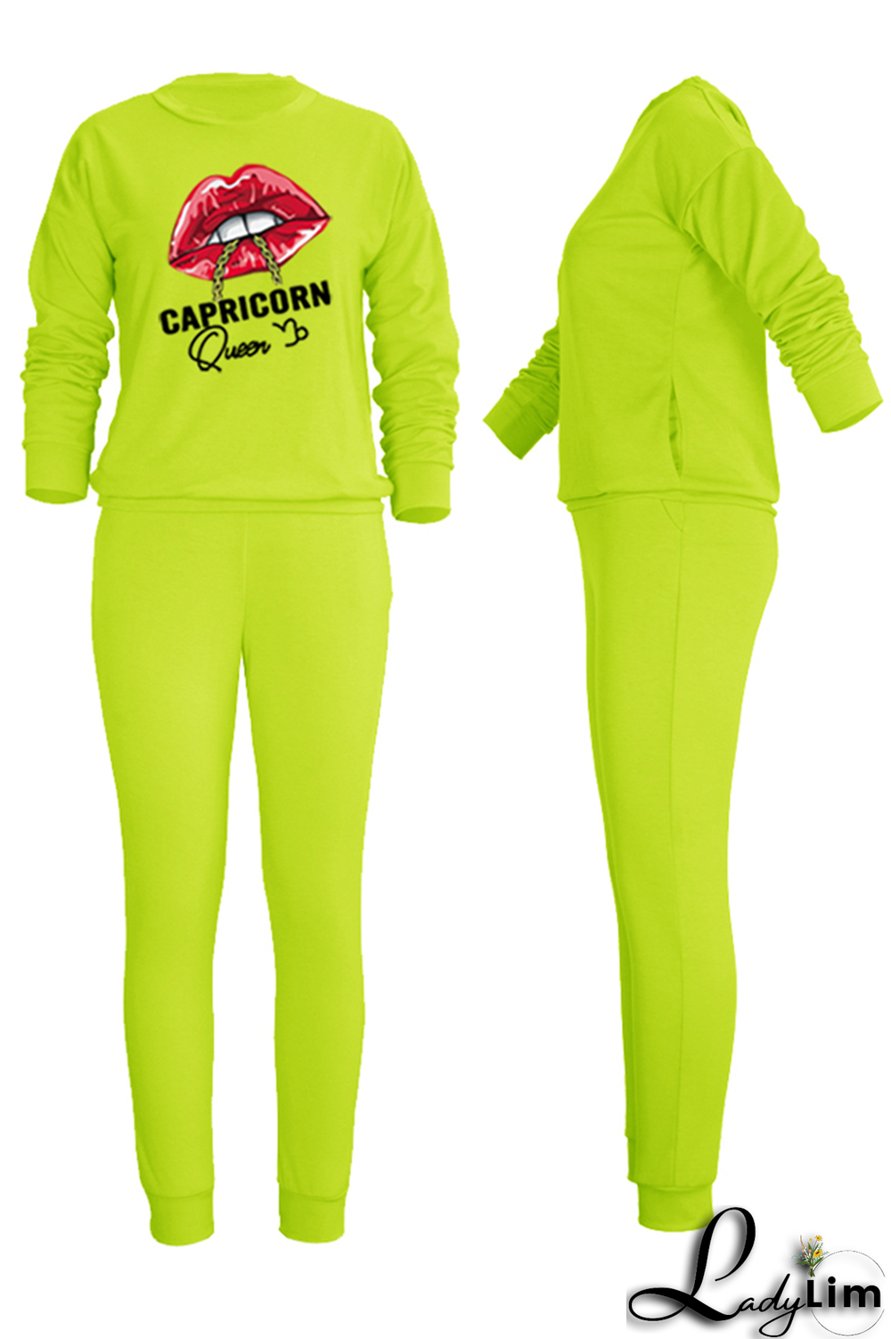 Yellow Fashion Lips Printed Patchwork O Neck Long Sleeve Two Pieces