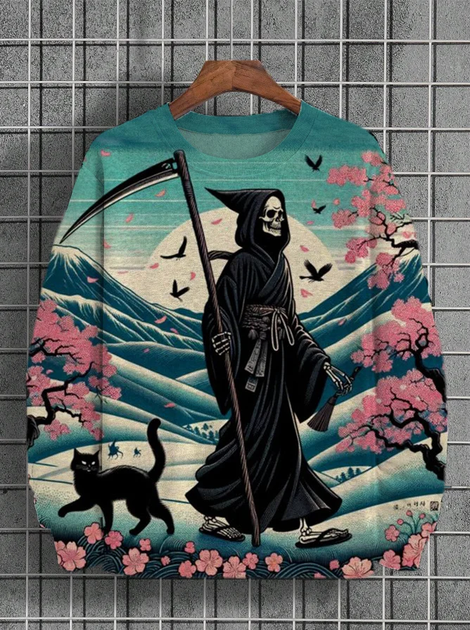 Men's Black Cat Sickle Grim Reaper Skeleton Sakura Japanese Art Print Casual Sweatshirt