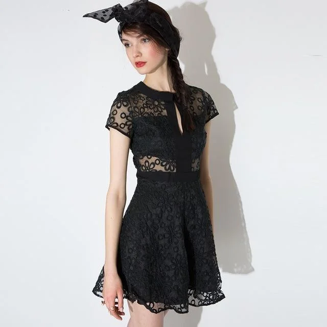 Black Sexy Sheer Lace Cut Out Dress-elleschic