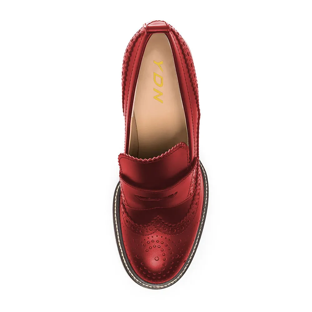 Red Vegan Leather Round Toe Oxford Style Chunky Heeled Loafers