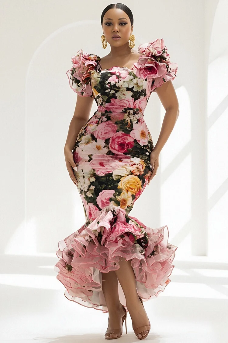 Xpluswear Design Plus Size Cocktail Party Chiffon Pink Floral Round Neck Cap Sleeve Mermaid Ruffle Satin Maxi Dresses [Pre-Order] 2024 - Xpluswear