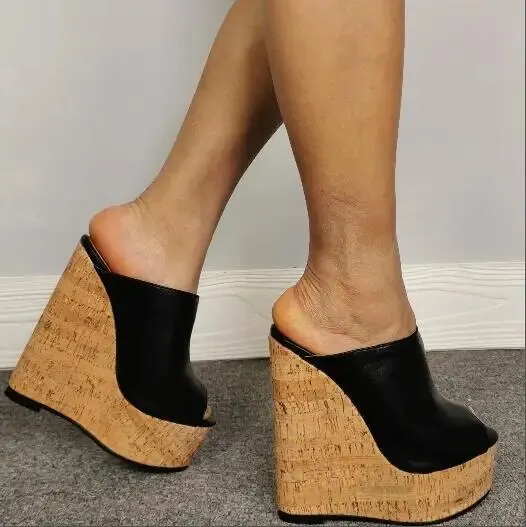 VCSHOES Woman Cheap Black PU Peep Toe Platform Wedges Slippers Sandals Heels Casual Pumps Shoes
