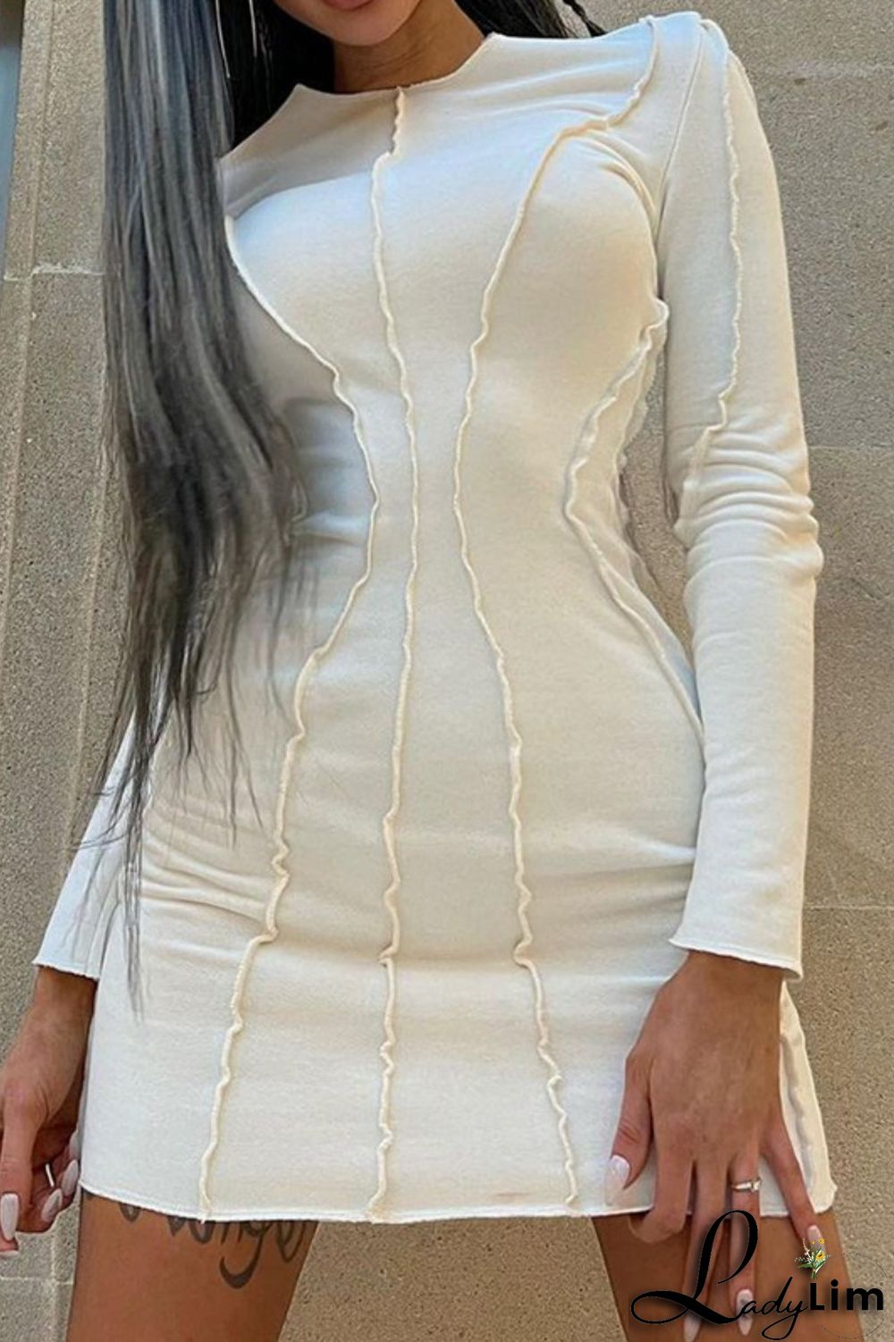 White Casual Solid Patchwork O Neck Long Sleeve Dresses