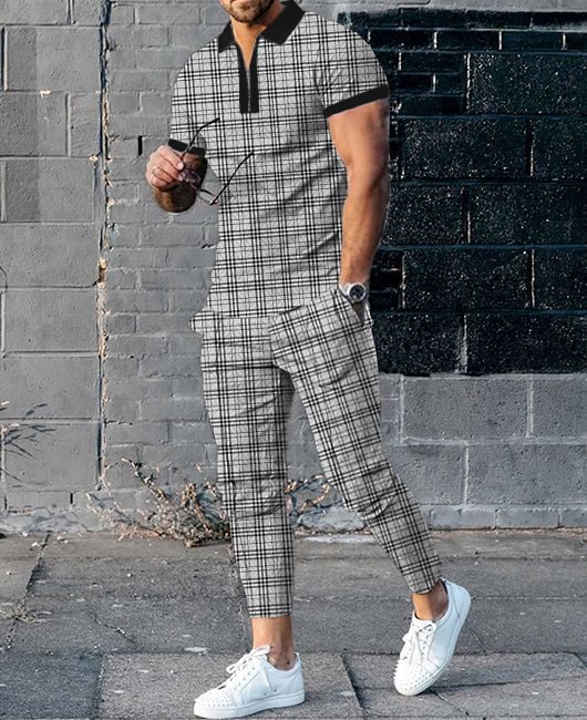 Casual Plaid Print Lapel Collar Zipper Short Sleeve Shirt & Pencil Pants 2Pcs Set