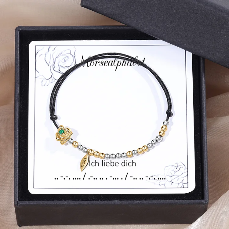 Morsealphabet Armband Ich Liebe Dich- Personalisiertes Name & Geburttstein Armband -mit Geschenkkarte Set