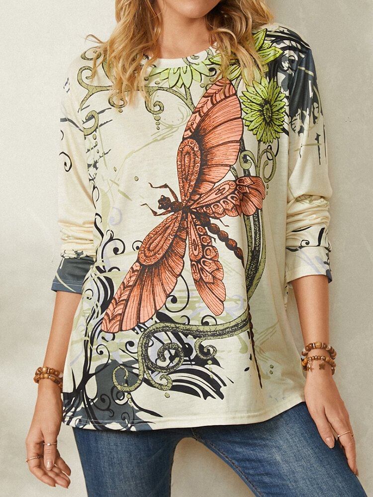 Dragonfly Calico Print Long Sleeve O neck Casual T Shirt For Women P1813448