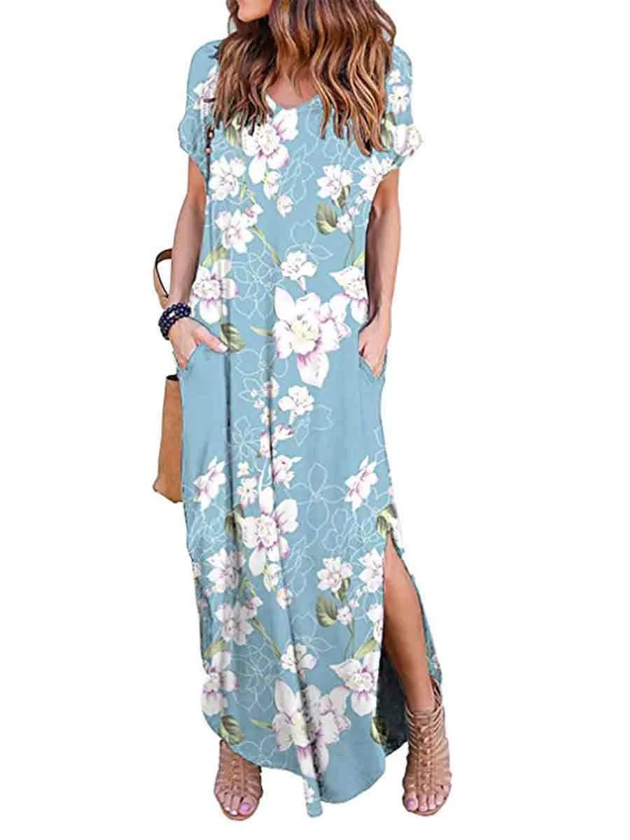 Round Neck Short Sleeves Bohemia Pattern High Slit Floral Dress