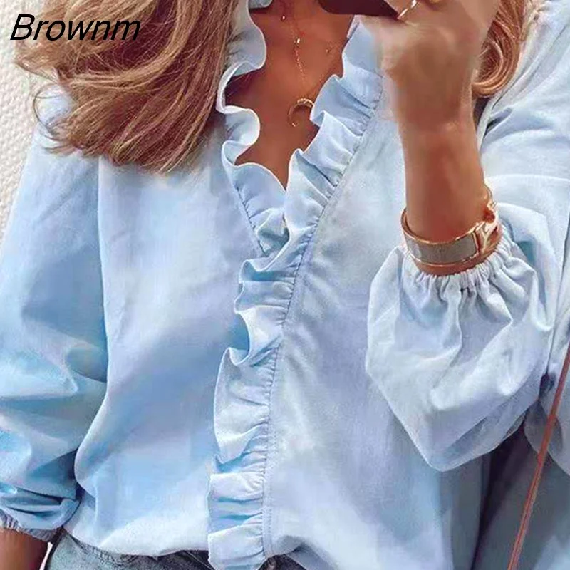 Brownm Spring New Chiffon Ruffles Women Shirt Plus Size 4XL 5XL Blouses Floral Long Sleeve Loose Female White Clothing Blusas18246