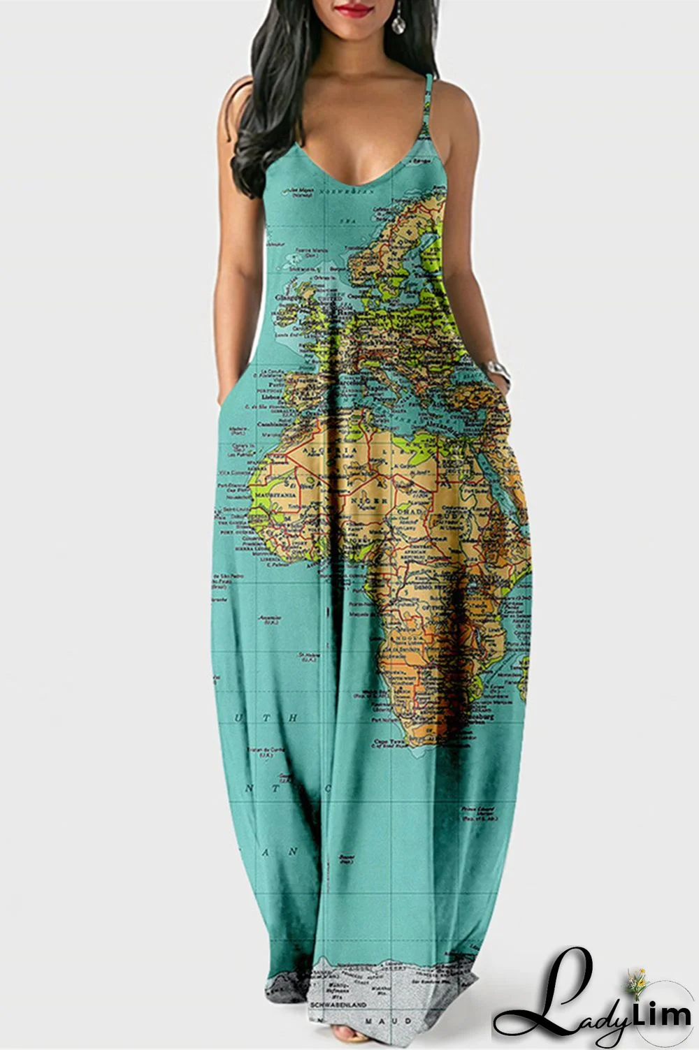 White Blue Fashion Sexy Print Backless Spaghetti Strap Long Dress