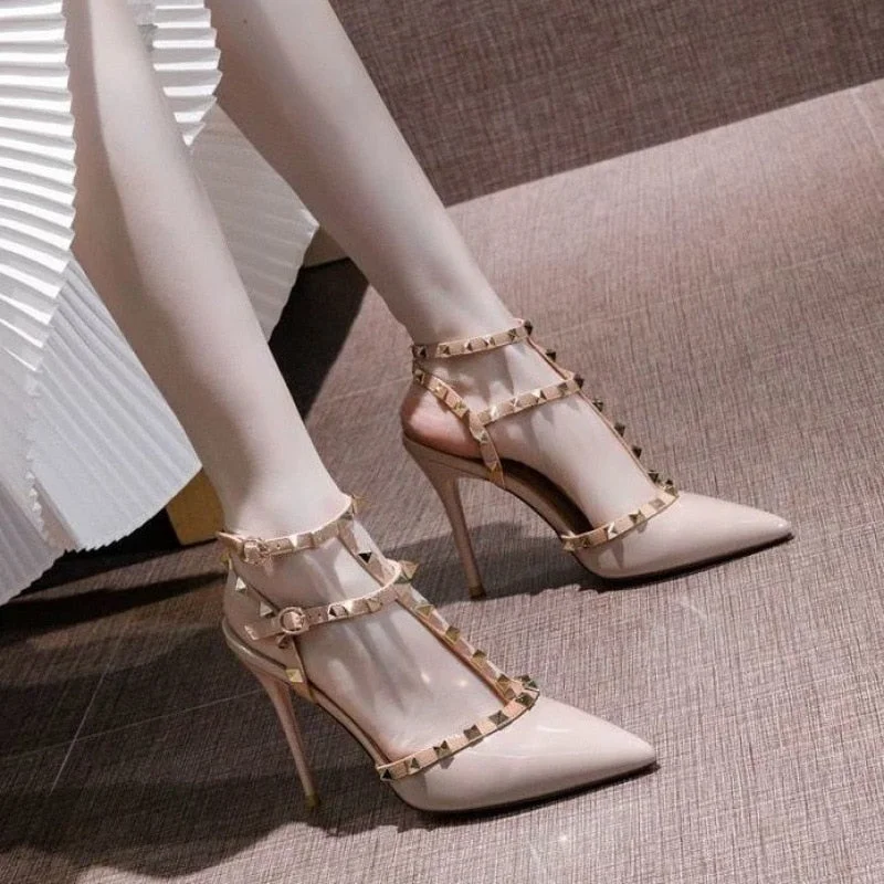 Rivet nude high-heeled shoes women stiletto spring and summer new pointed toe all-match sexy women's single shoes
