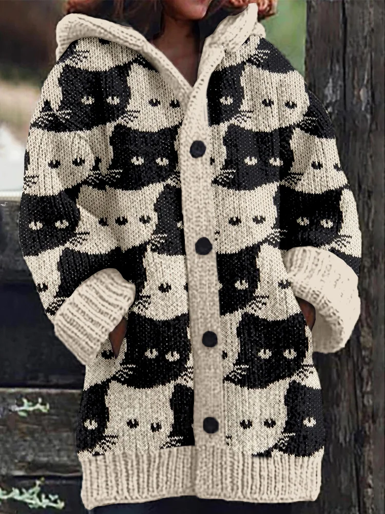Lovely Cats Knit Art Cozy Hooded Cardigan