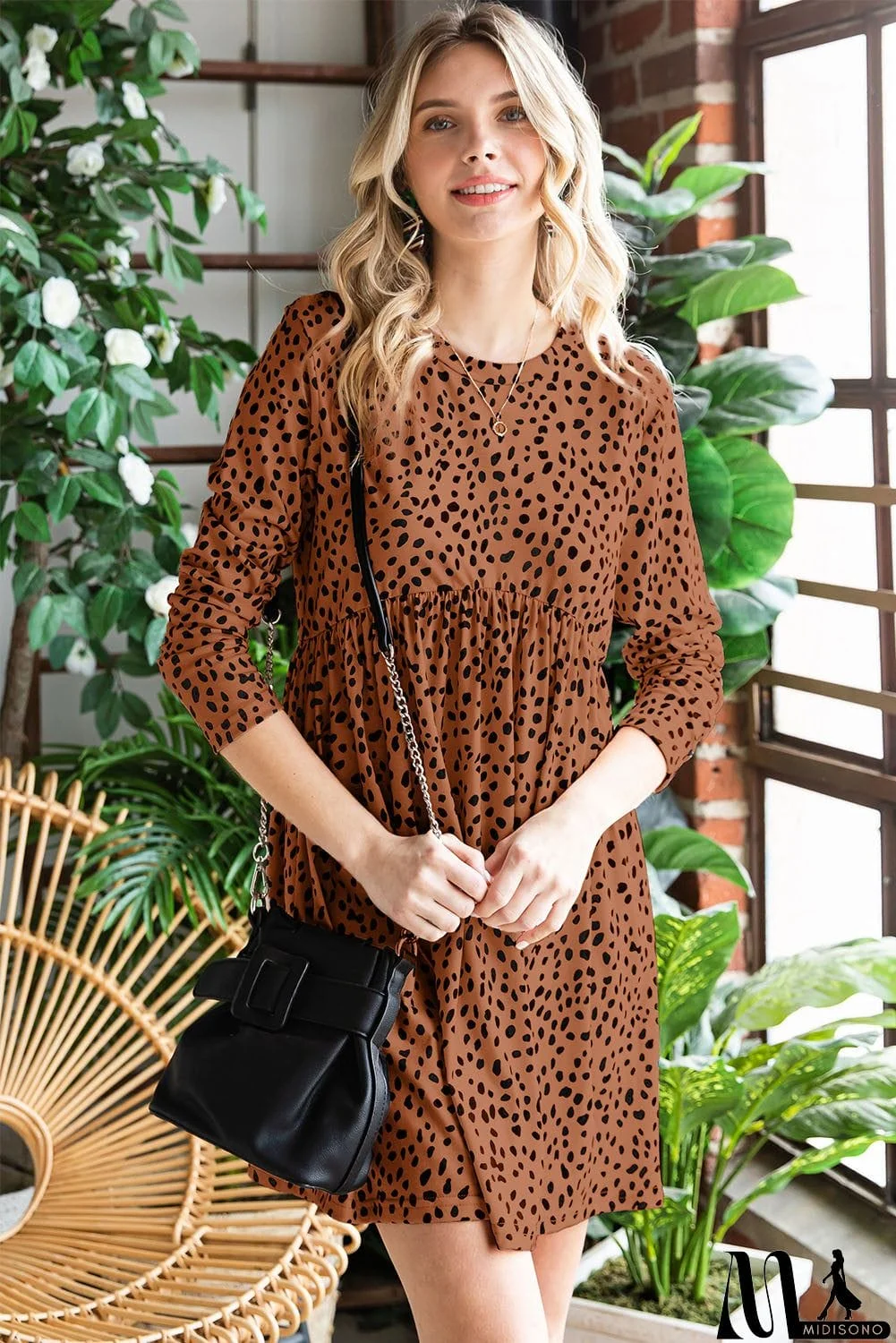MidiSono - Printed Round Neck Long Sleeve Dress