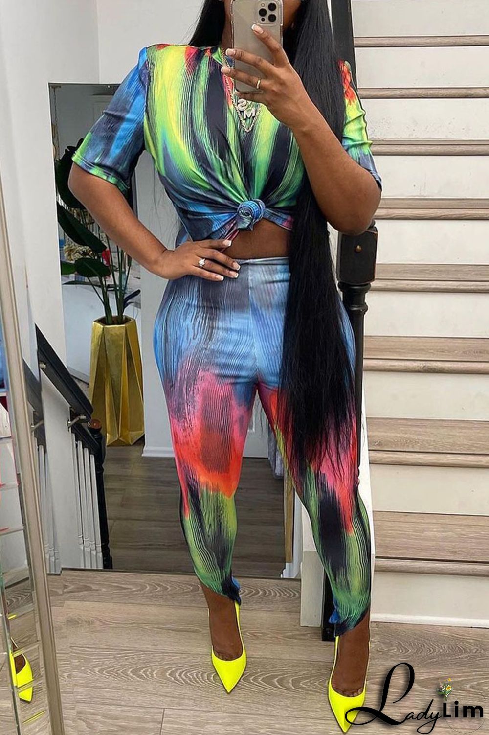 Rainbow Color Sexy Print Patchwork O Neck Short Sleeve Two Pieces