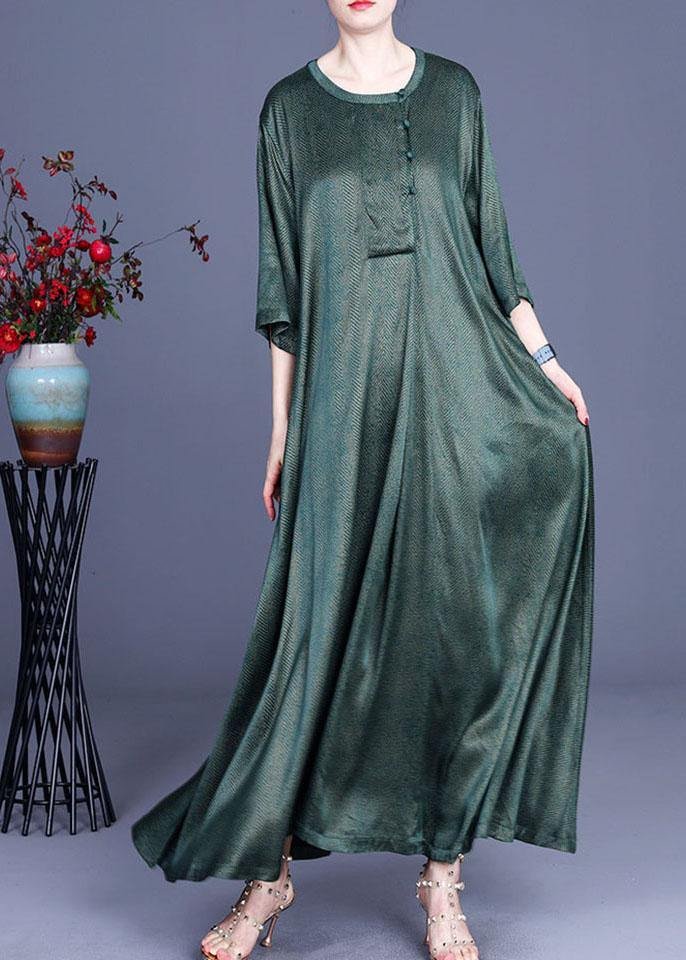 Natural Green Vintage Asymmetrical Button Summer Silk Summer Dresses
