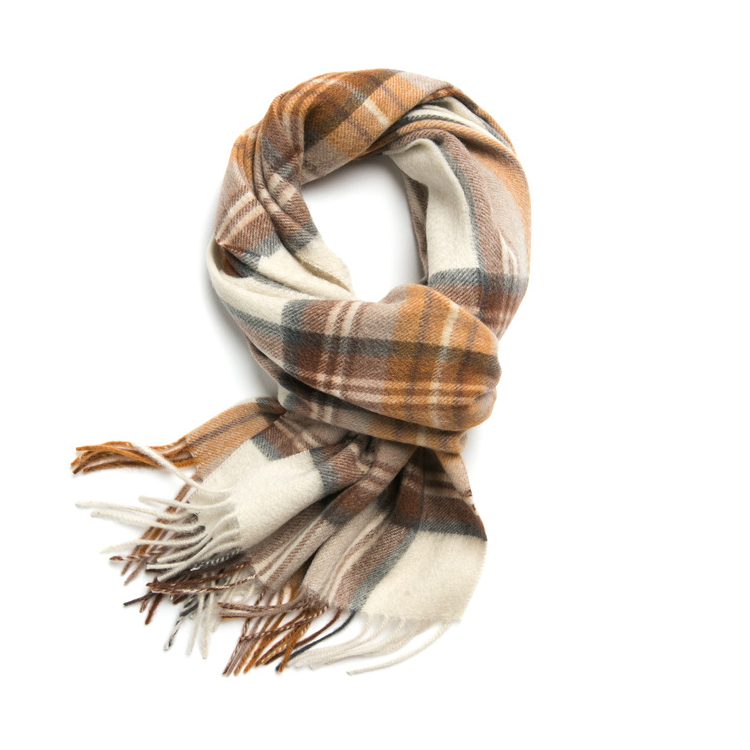 Unisex 100% Cashmere Winter Plaid Fringed Scarf