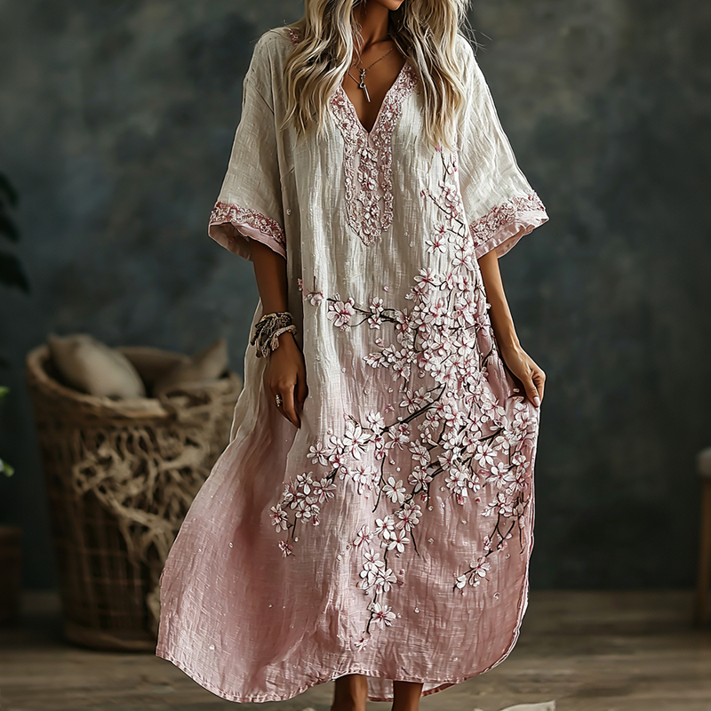 Women's Vintage Japanese Cherry Blossom Art Flowy Linen Maxi Dress elevenforest