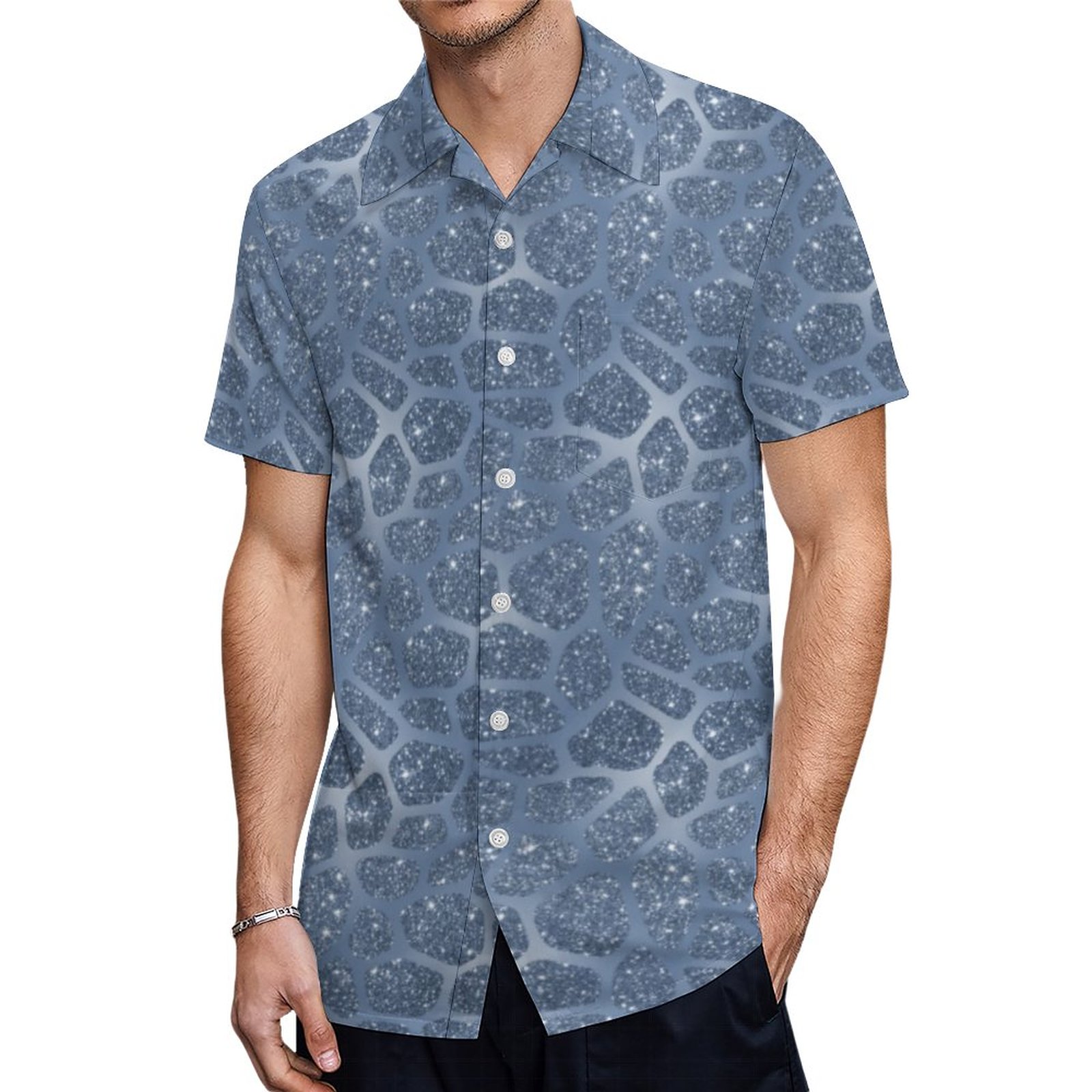 Dusty Blue Glitter Giraffe Print Hawaiian Shirt Mens Button Down Plus Size Tropical Hawaii Beach Shirts
