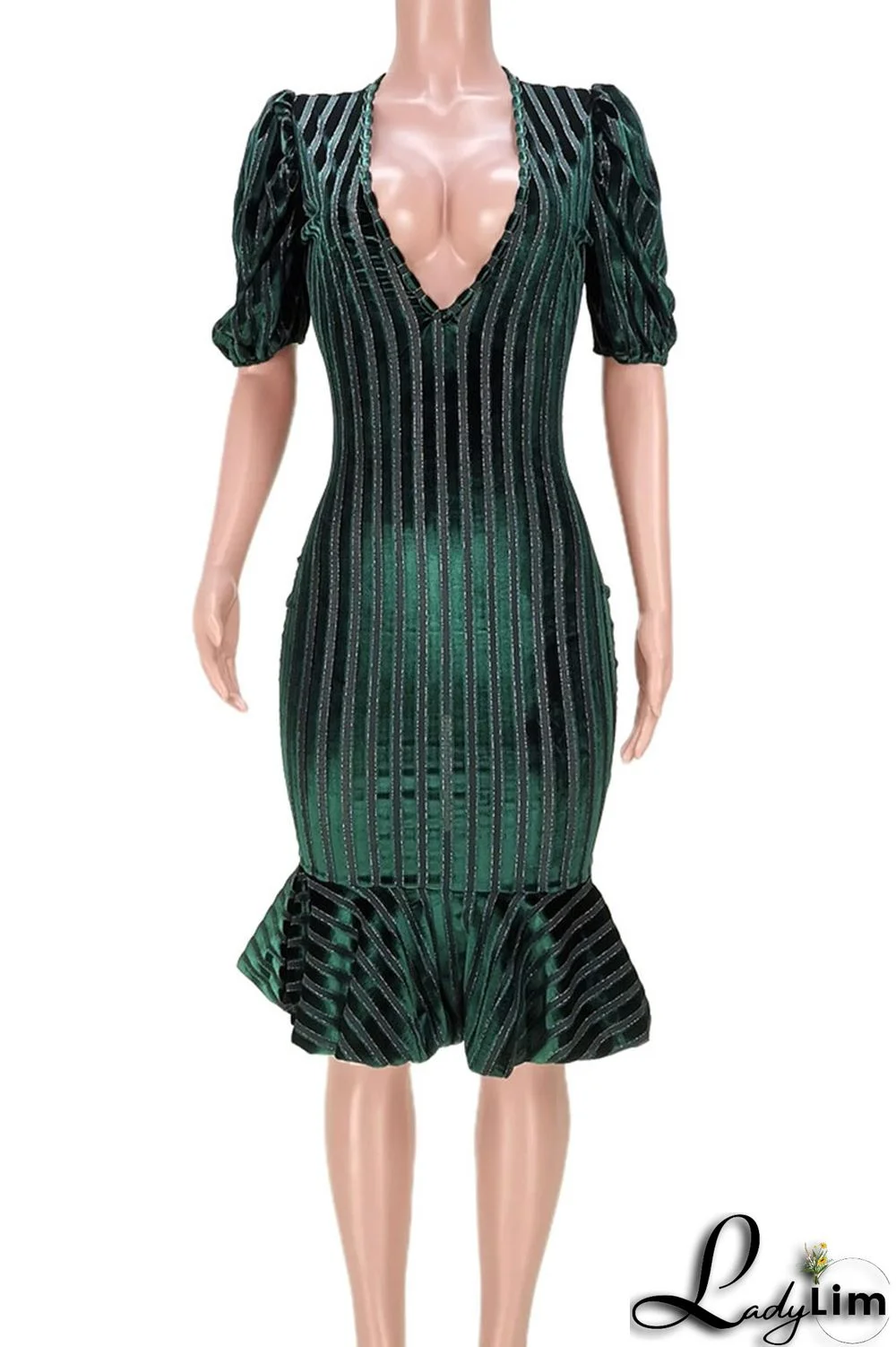 Ink Green Elegant Striped Split Joint V Neck Trumpet Mermaid Dresses