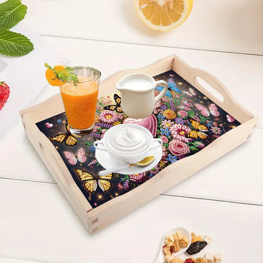 5D DIY Flower Butterfly Diamond Painting Wooden Serving Tray with Handle for Desk